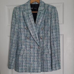 Zara Teal-Blue & White Tweed Double-Breasted Blazer